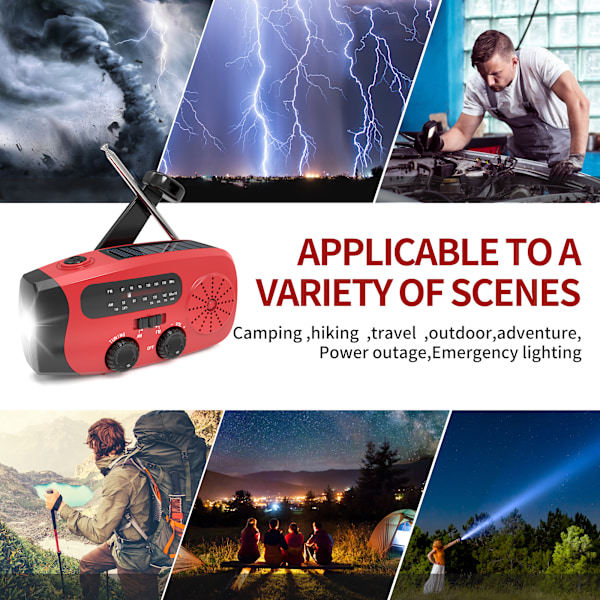 Vevradio med Solcelle, Lommelykt og 2000mAh Powerbank