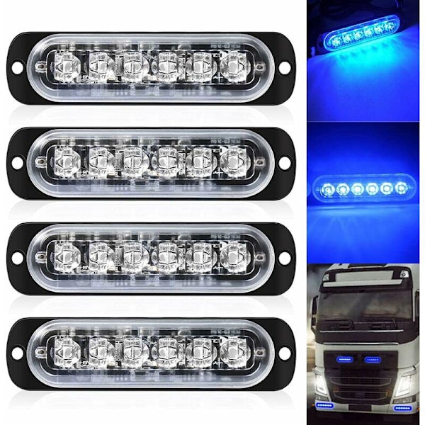 4-pakning - Ultratynn blå 6 LED Strobelys - LED Lysbar Mini Nødlysbar 18 Blinkende Modus 12V-24V for Universelt Kjøretøy eller Lastebil