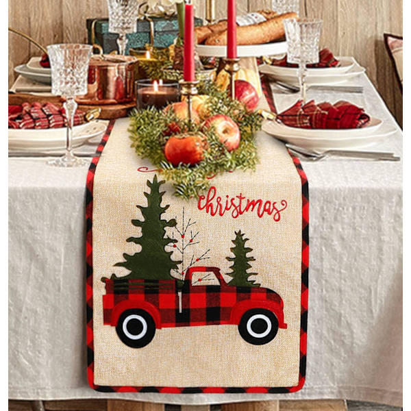 Christmas Table Runner Burlap Buffalo Plaid Rustic Truck Christmas