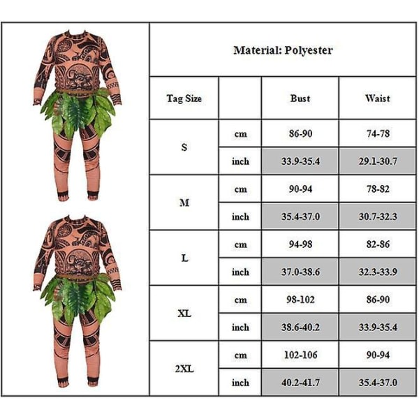 Disney Moana Maui Tattoo Costume Vuxna Herr T-shirt + Byxor + Bladbälte Komplett outfit Halloween Cosplay Party Dress Up Full Set 2XL