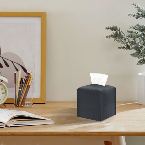 Tissue Box Cover, Svart Tissue Box Hållare, Modern Pu Leather Square Tissues Box, delikat dekoration Tissue Organizer