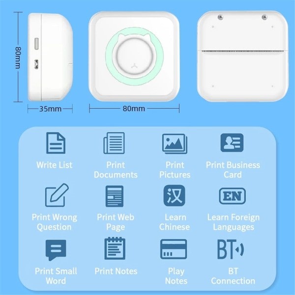 Alt-i-ett miniskriver Bærbar multifunksjonsfotoskriver Green 10 rolls of paper