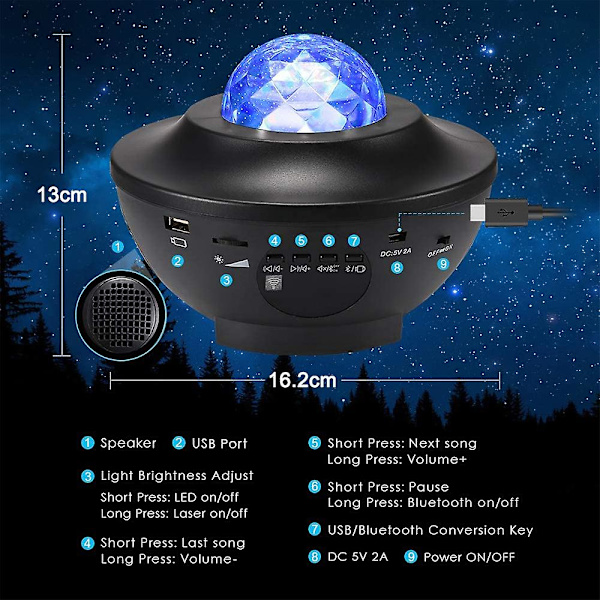 Stjerneprojektorlys - Ocean Wave Nebula Ambiance Light Med Bluetooth-højttaler - Lydaktiveret - Fjernbetjening til Soveværelsesfest Bryllupshjemmebiograf