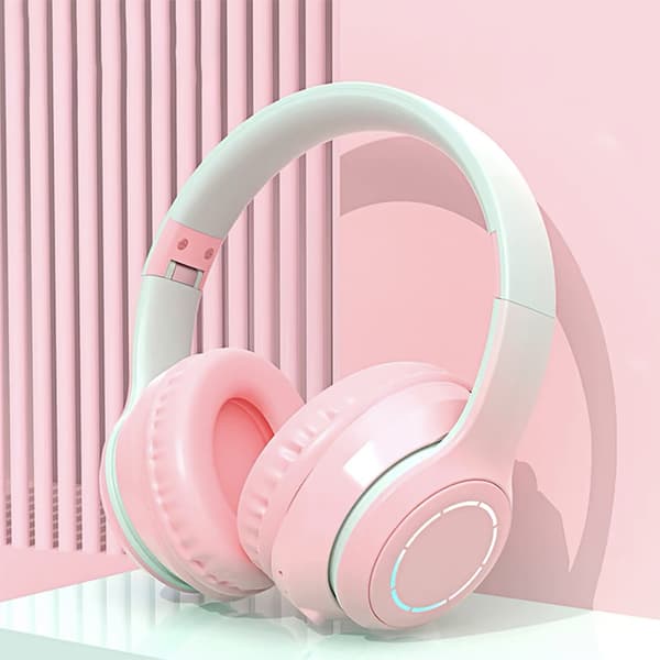 Bluetooth Hovedtelefon Kraftig Bas Støjreducerende Foldbar Gradient Farve Trådløst Headset med Lys til Telefon Laptop Pink