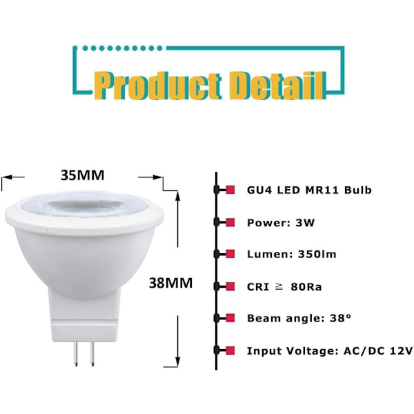 3W MR11 GU4 LED-lampe Kald Hvit 6000K AC/DC 12V (4 stk)