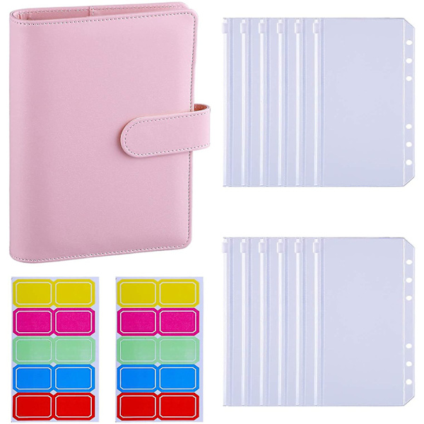 12 stk. A6 ringbindslommer løsbladsposer 6 ringbind Kontant budgetkonvoluttersystem, A6 Pu læderbindssæt Pink
