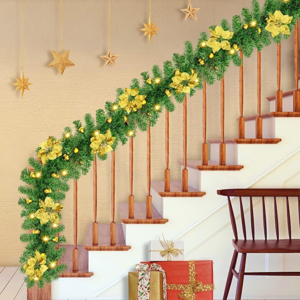 Faux julekrans med LED-lys Gyldengrøn granvedbendskrans til trapper, pejse, døre