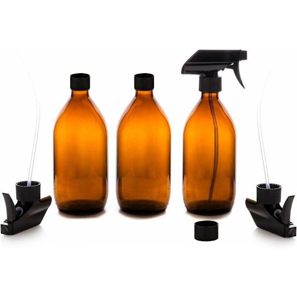 Sprayflaskor - Glas - Amber - Premium - 500 ml med Fin Spray Trigger Återanvändbara Flaskor - Set med 3