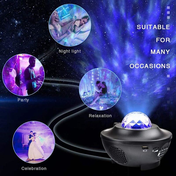 LED Projektorlampa Ocean Wave Stjärnhimmel Nattlampa med Musikspelare, Fjärrkontroll, 360° Rotation
