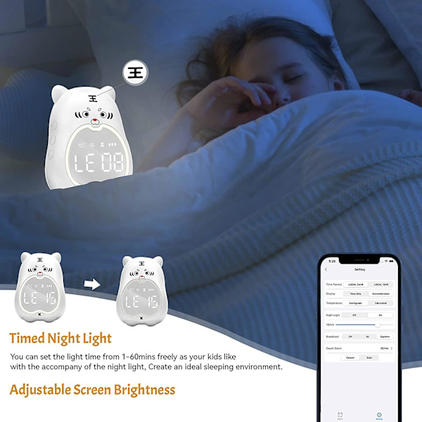 Barnväckarklocka med smartphone-appkontroll, digital väckningsklocka för barnsovrum, söt wifi-klocka vid sängen med 3d tiger, nattljusväckarklocka Wi