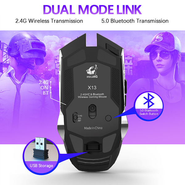 Bluetooth trådløs Dual Mode Opladning Gaming Mus Stille Vandkøling Oplyst mekanisk mus, USB trådløs mus med 6 knapper 6 udskiftelig