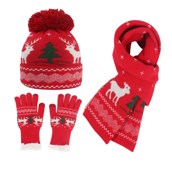 Julstickad mössa, handskar och halsduk i tre set (röd)
