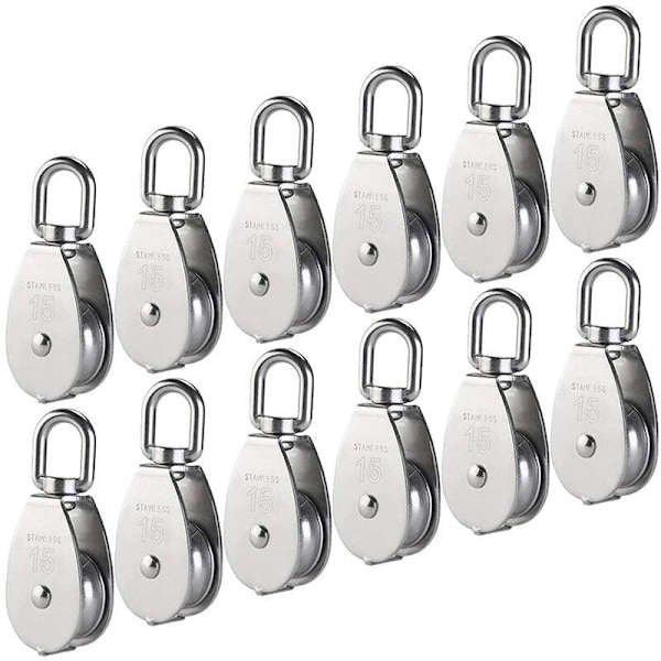 M15 Enkelt Trisse 304 Rustfrit Stål, 15MM Enkelte Trisser Rulleblok, Spil Drejekrog Glat Wire Reb Belastning 35 kg (12 Stk)