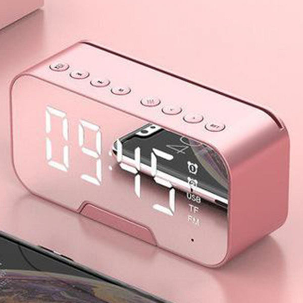 Bluetooth 5.0 Högtalare FM Radio Spegel LED Väckarklocka USB Laddare Hem Rosa