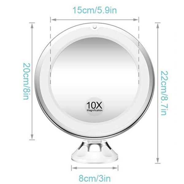 Sminkespeil med sugekopp, LED-lys og x10 forstørrelse White Vit