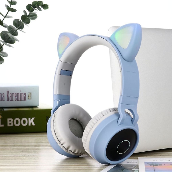 Langattomat Bluetooth-lapsikännet, Kissan korvat Bluetooth Langattomat/langalliset kuulokkeet, LED-valot Langattomat Lapsikännet Over Ear Mikrofonilla Light Blue