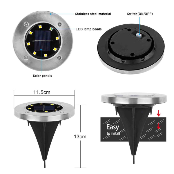 Nopeus 8 x LED aurinkolamppu, upotettu lattiakohdevalo