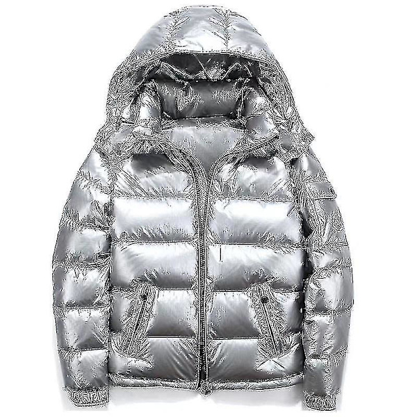 Glänsande dunjacka Vinterjacka Ståkrage dunjacka med luva Silver XL