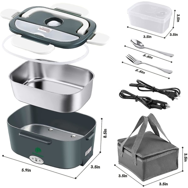 Elektrisk lunchlåda 3 i 1 för bil/lastbil och kontor, bärbar värmare 220v & 12v 24v matvärmare i rostfritt stål US plug dark green