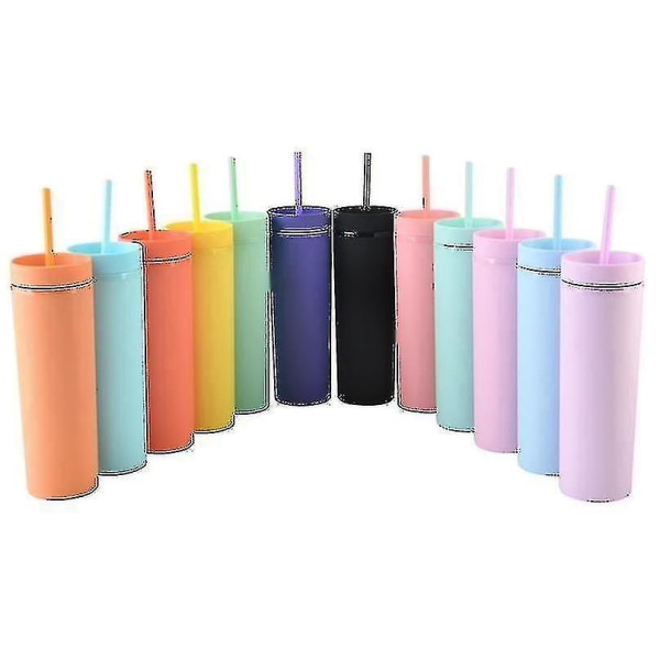 Varastossa 16oz Akryyli Skinny Tumblerit Matta Värit Kaksinkertainen Vedenpullo Juoma Muovi