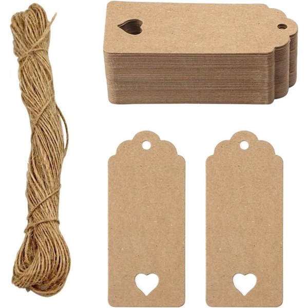 Kraftpappersetiketter med naturgarn av jute - förpackning med 50 etiketter för hängning av hantverk