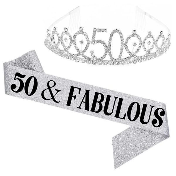 Kvinnor glittrande Rhinestone Brev Print Sash Tiara Set födelsedag Silver 50 år gammal