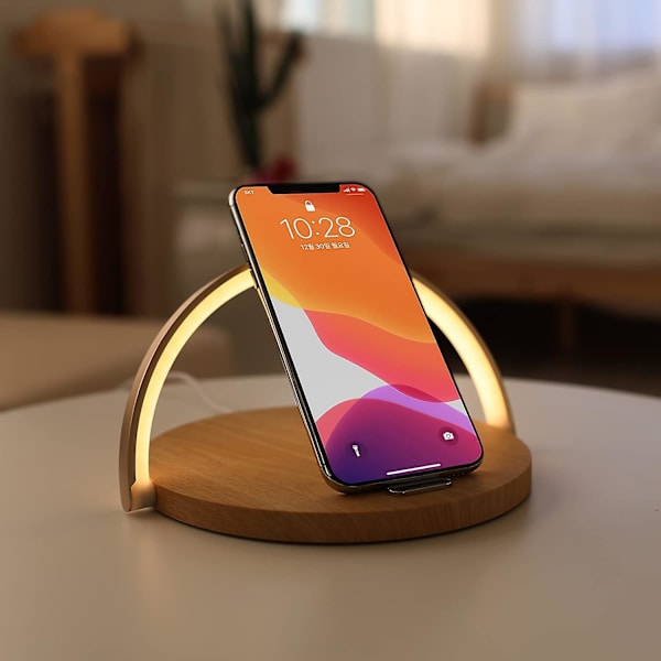 Moderne enkel trådløs opladningsnatlampe (træ), maks. 15w hurtig trådløs oplader, berøringskontrol, 3 niveauer lysstyrke, til Galaxy S10/s20/note 10, Iphon