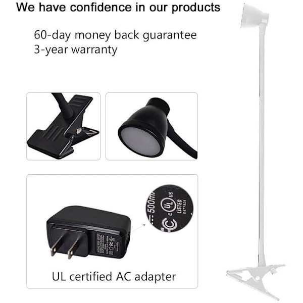 5cm, Hvit Øyebeskyttelse Soverom LED Klemme, Mini USB Bordlampe, 360 Graders Justerbar Leselampe for Lesing
