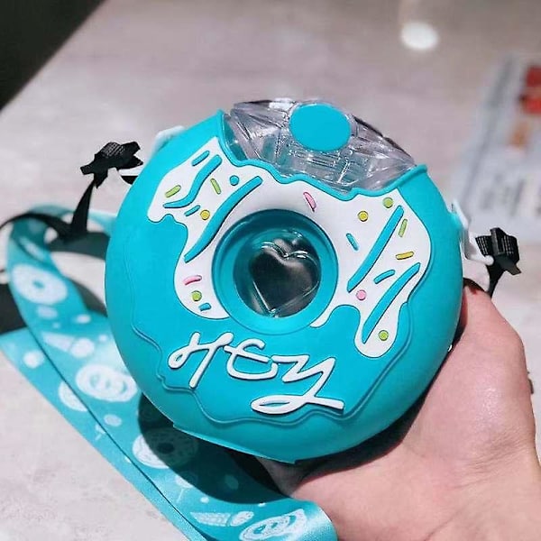 Søt Donut Barn Vannkopp Straw Cup Utendørs Bærbar Vannkopp Silikon Anti-fall baby med skulderstropper Blue none