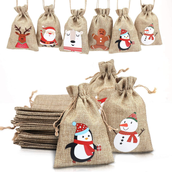 Juljute-säckvävspåsar, juljute-linne-säckväv med dragsko Presentgodispåse för julfavoriter (24)...