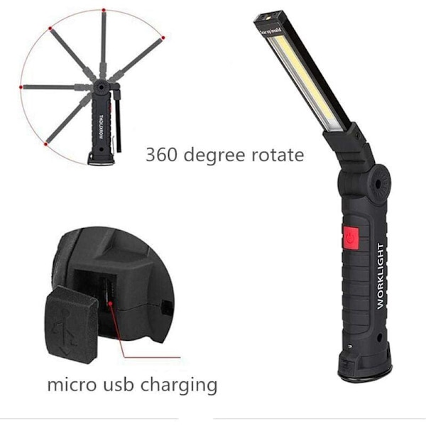 LED Arbetslampa, COB Uppladdningsbara Arbetslampor med Magnetisk Bas, 360 Graders Rotation och Inspektionslampa med 5 Lägen Ficklampa för Bilreparation