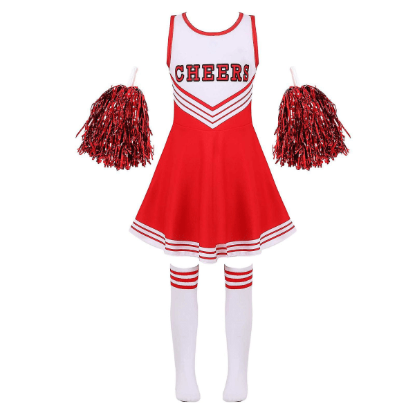 Barn Cheerleading Kostym Skoltjejer Cheerleader Uniformer Cheer Dans Outfits För Halloween Klänning Med Strumpor Blomma D_y Red 7-8 Years