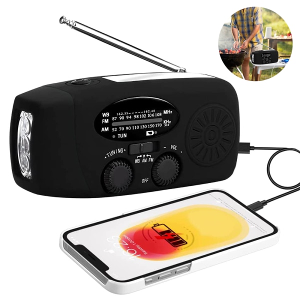 Hybridradio AM/FM - genopladelig med solcelle, håndsving og USB - Black