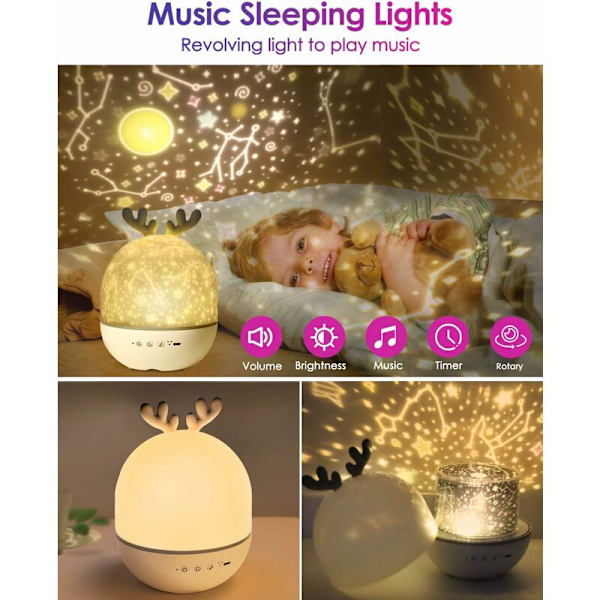 Børnenatlys stjerneprojektorlampe, 360° roterende musiknatlys + timer + fjernbetjening + 6 farver, LED stjernehimmel