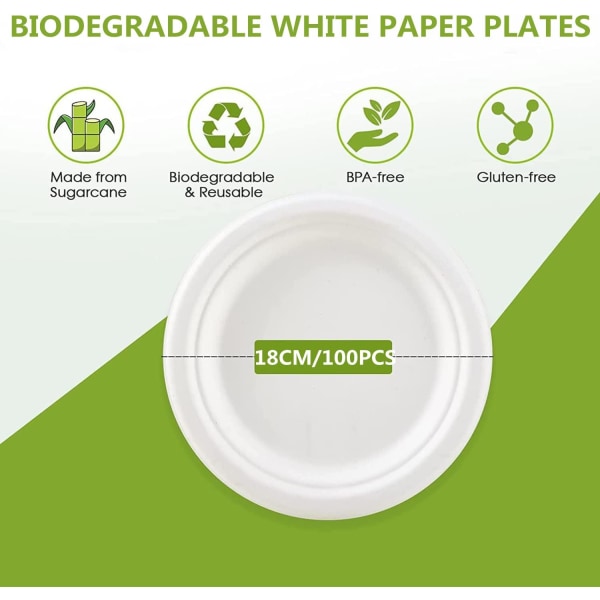 100 vita papperstallrikar, Ø18cm, 100% biologiskt nedbrytbara och komposterbara, miljövänliga engångstallrikar för picknick och grillning(18 cm/100st)