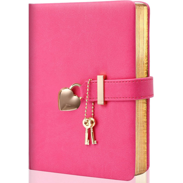 Dagbog til piger med lås og 2 nøgler, dagbog med lås til piger i alderen 8-12, hjerteformet låst journal, guldkantede sider 5,3 x 7 tommer, Fuchsia