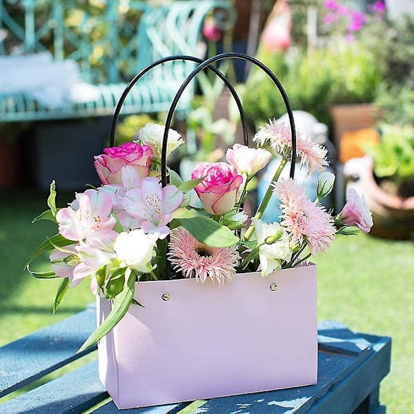 Fower Box Bag Tykk Blomsterbutikk Håndtak Blomsterposer Kraftpapir 5 stk Rosa
