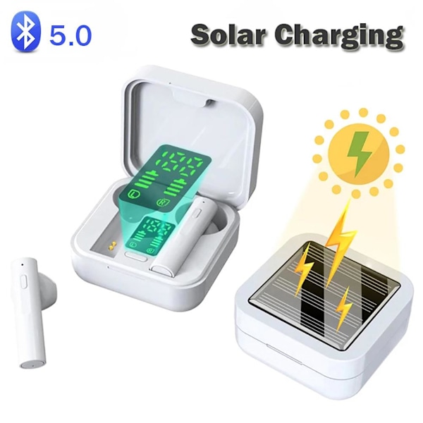 Solarladdande Bluetooth Hörlurar LED Digital Display Intelligenta Hörsnäckor Brusreducering TWS Bluetooth 5.0 Trådlösa Hörlurar