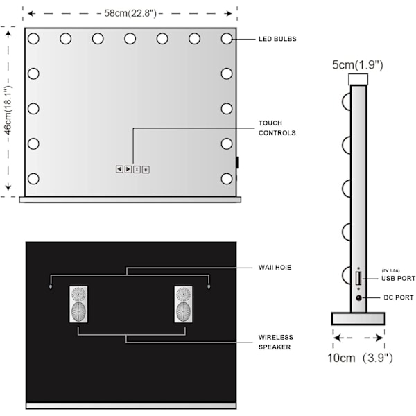 Bluetooth-Hollywood-peili valaistuksella, 15 himmennettävää LED-lamppua, Hopea Silver 58 x 46cm + Bluetooth Speaker