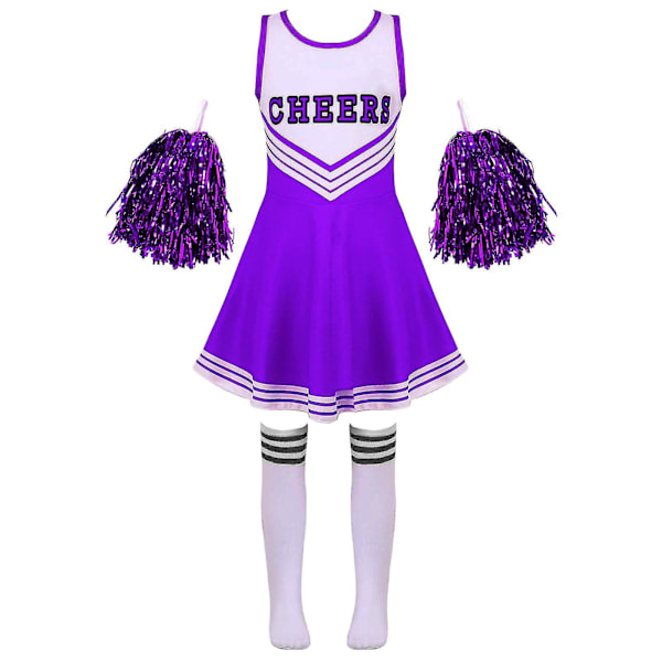 Barn Cheerleading Kostume Skolepiger Cheerleader Uniform Cheer Dance Outfits Til Halloween Kjole Med Strømper Blomst D_y Purple 11-12 Years
