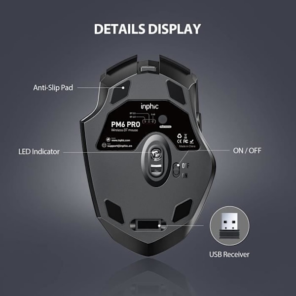 SDLOGAL Silent genopladelig Bluetooth-mus (Tri-Mode: BT 5.0-4.0 + 2.4G), synligt batteriniveau, sort