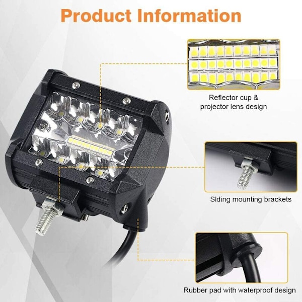 4 Tommer 60W LED Arbeidslys, Flomlys Spot Combo Tåkelys Kjørelys 4 Tommer LED Frontlykt Langdistanselys for Off-Road Kjøretøy Fører Båt Hytte