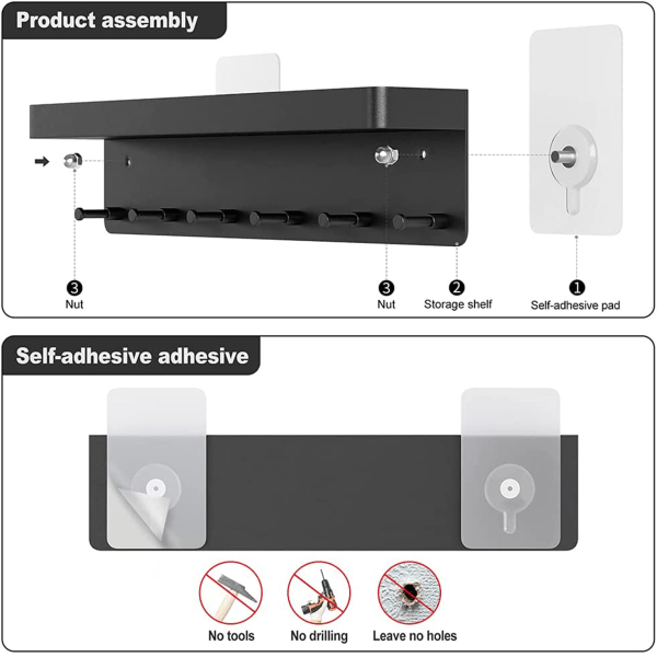 Nyckelhållare, Key Wall Organizer, Nyckelhållare i rostfritt stål, Nyckelkrok med hållare, Självhäftande