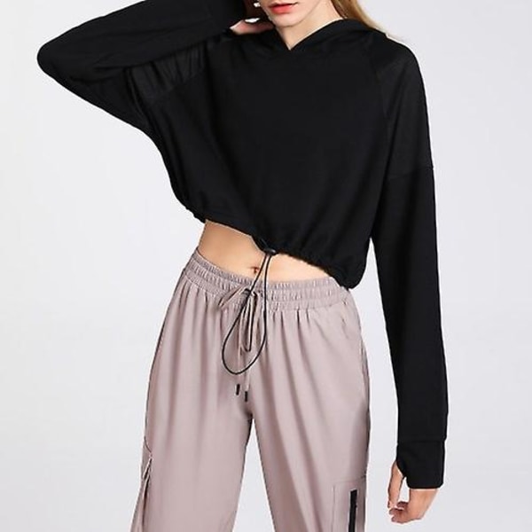 Luvtröja dam Crop Tops med tumhål Dragsko Långärmad sweatshirt tröja svart L black l