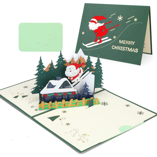3D Pop Up Card Julkort, vackert jultomte gratulationskort med kuvert（ski）