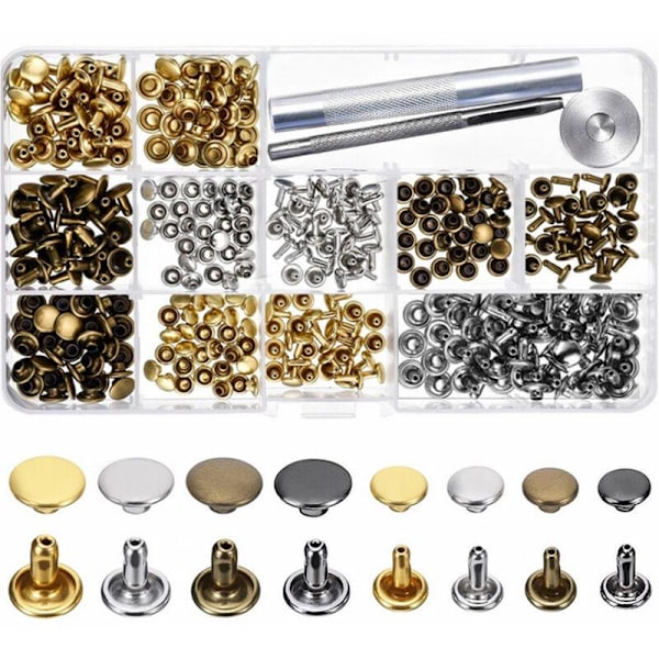 240 Sarjaa Nahkaniittejä Kaksinkertaiset Niitit Putkiniitit 4 Väriä 2 Kokoa Metalliniitit Kiinnitystyökaluilla DIY Nahkatöihin, Malli: 240 Sarjaa