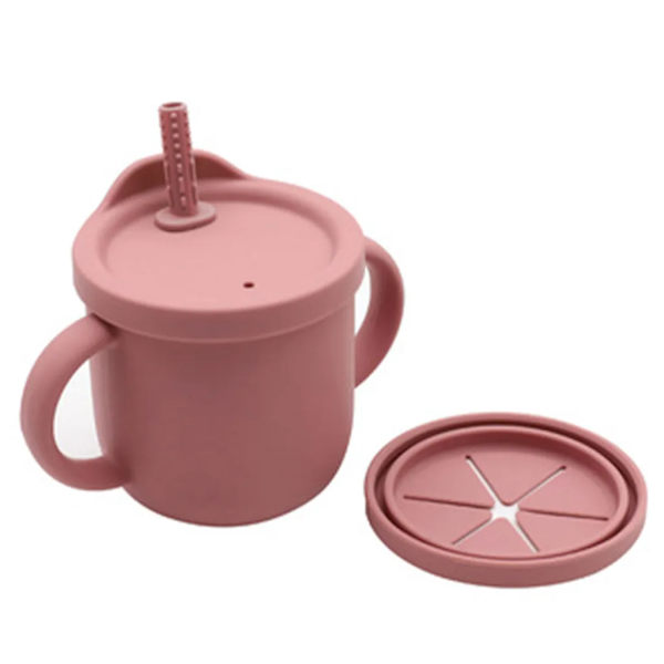 Småbarns 2-håndtak stråkopp matkvalitet silikon ubruddbar med stråbørste BPA-fri 250 ml, mørk rosa