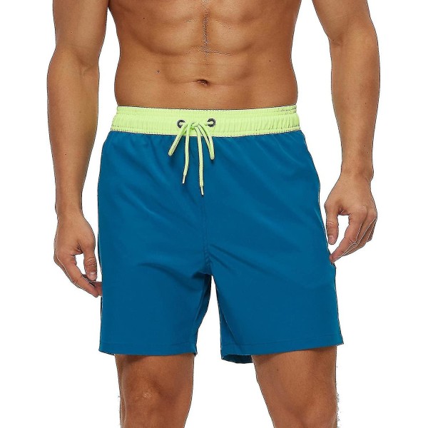 Badedrakt for menn med glidelås Vanntett Hurtigtørkende Svømmeshorts med justerbar snor - Fluorescent Green Peacock Blue Fluorescent Green Peacock Blue M