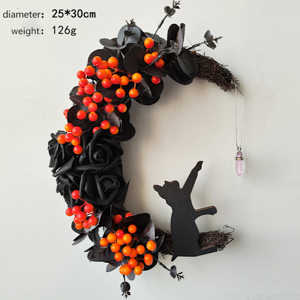 Halloween Moon Cat Garland Door Hängsmycke Festival Döda Grenar Växter Nymåne Halloween Dekoration Black Flower Orange Fruit 30CM