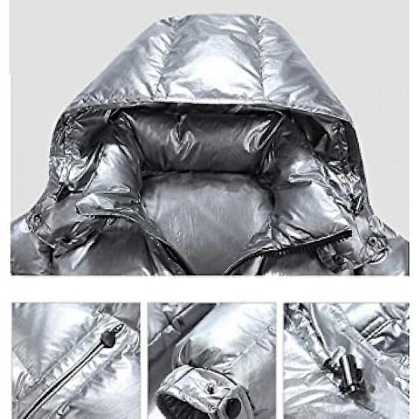 Kiiltävä untuvatakki Miesten talvitakki Stand-kaulus untuvatakki hupulla Silver XL